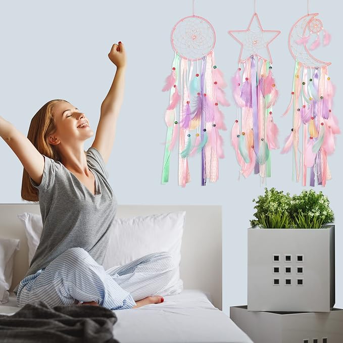 Jetec 3 Pcs Dream Catcher for Girl Star Sun Moon Decor, Pastel Color