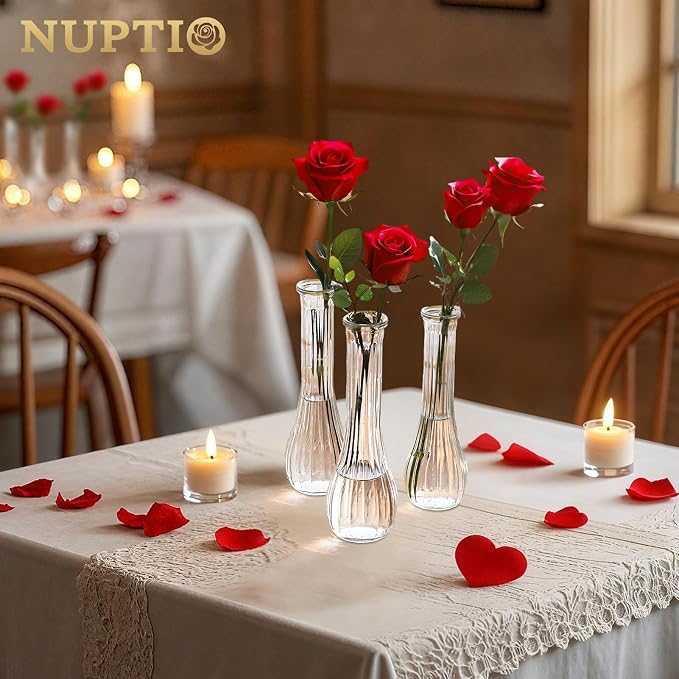 NUPTIO Glass Bud Vases Centerpiece Bulk, 8.5" Tall, Clear, Set of 12 | Cute Ribbed Flower Vase, for Wedding, Birthday, Party, Events, Home, Table Decor