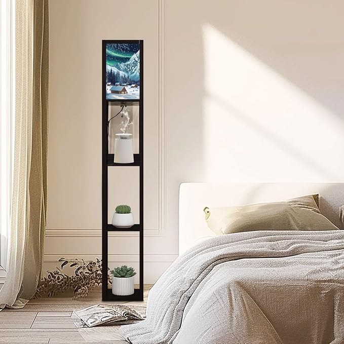 Floor Lamp with Shelves Woodcut Winter Capped Mountain Coniferous Forest Standing Tall Lamp USB Ports & Power Outlet Modern Corner Lamp Nightstand Light for Living Room Bedroom