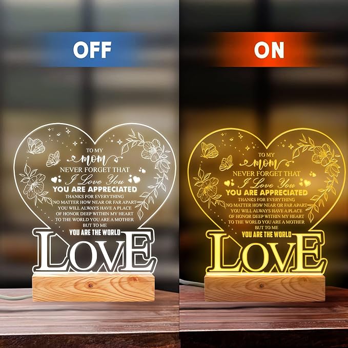 to My Mom, Never Forget that I Love You – Heart-Shaped LED Night Light for Mom – Mom Birthday Gift, Mother's Day – USB Port Powered Lamp with Engraved Love Message – Wooden Base Home Decor