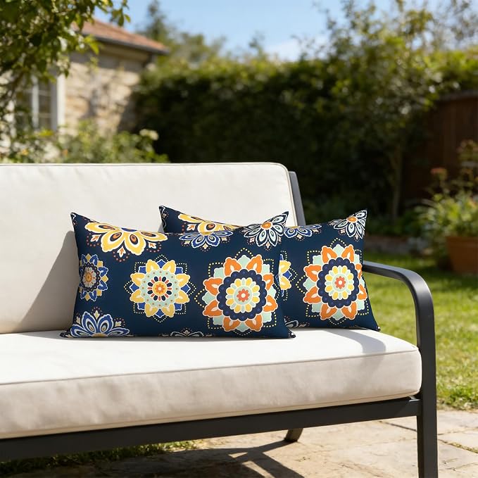 12x20 Inch Lumbae Pillow Covers, Rectangle Waterproof Throw Covers Set of 2, Decorative Patio Furniture Cushion Cases for Porch Garden, Bloom MedallionCobalt