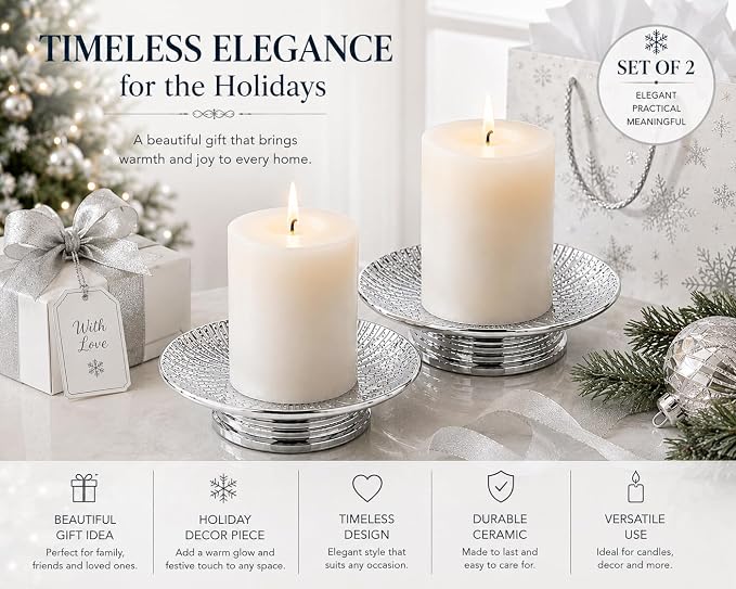 Silver Ceramic Decorative Tray Set of 2, Electroplated Sunburst Jewelry Trays, Pillar Candle Holder Plates, Soap Dishes & Trinket Trays for Bathroom, Vanity, Bedroom & Home Decor
