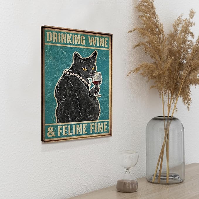 DIHSIEG Funny Cat Wine Wall Art, Drinking Humor Canvas Print 12x16Inch | Unframed Modern Kitchen Print Poster Decor Vintage Animal Wall Art for Bar, Dining Room, Wine Room & Home, Unique Funny Gift