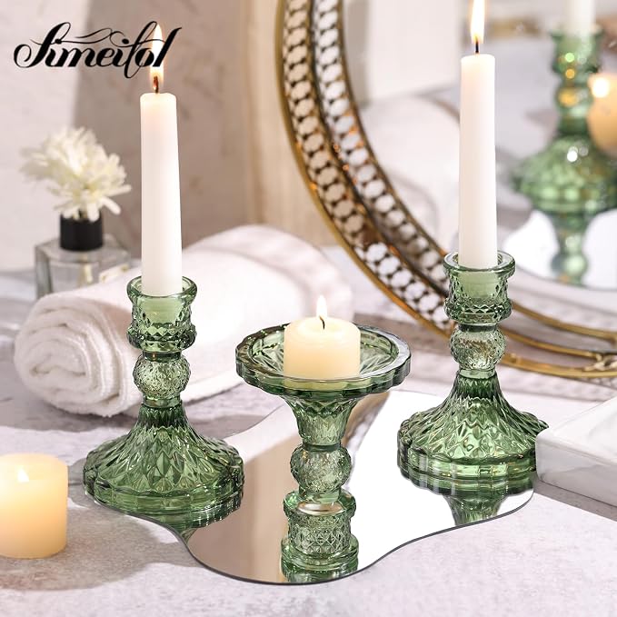 Glass Candle Holder Set of 12, Green Taper Candle Holders Bulk | Vintage Candlestick Holders, Candle Stick Holder for Table Centerpieces, Wedding, Festival & Home Decor