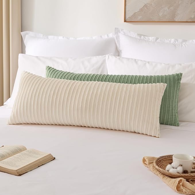 Kevin Textile Striped Corduroy 14”x36” Pillow Cover 1 Pack, Cream White