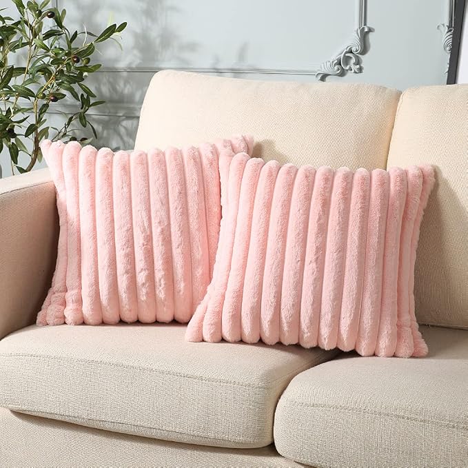 Soleebee Set of 2 Throw Pillow Covers Soft Cozy Velvet Pillowcase Faux Rabbit Fur Cover for Couch Sofa Bed Chair Home Decorative Pillows Cover (16x16 Inch, Pink)