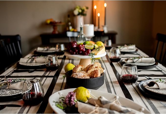 Solino Home 100% Pure Linen Table Runner, 14 x 72 in, Black, French Stripe | a graceful centrepiece for dining and gatherings, woven stripe, European flax fibres, machine washable, OEKO-TEX Certified