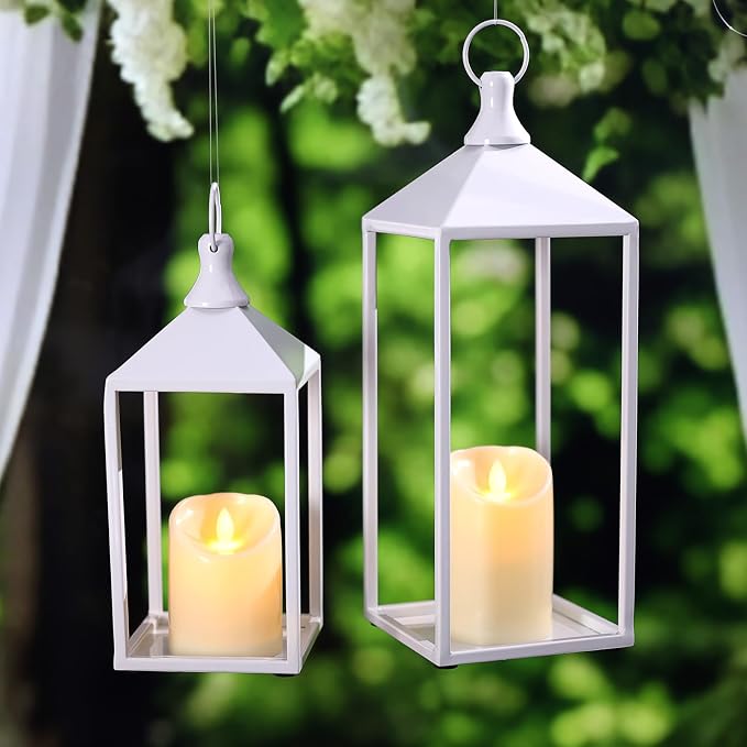 2 Pcs Wedding Lanterns Decorative with Candles White Farmhouse Lanterns | Glass-free Metal Decorative Candle Lanterns for Wedding, Fireplace, Table Centerpiece, Indoor, Room, Valentine Decor
