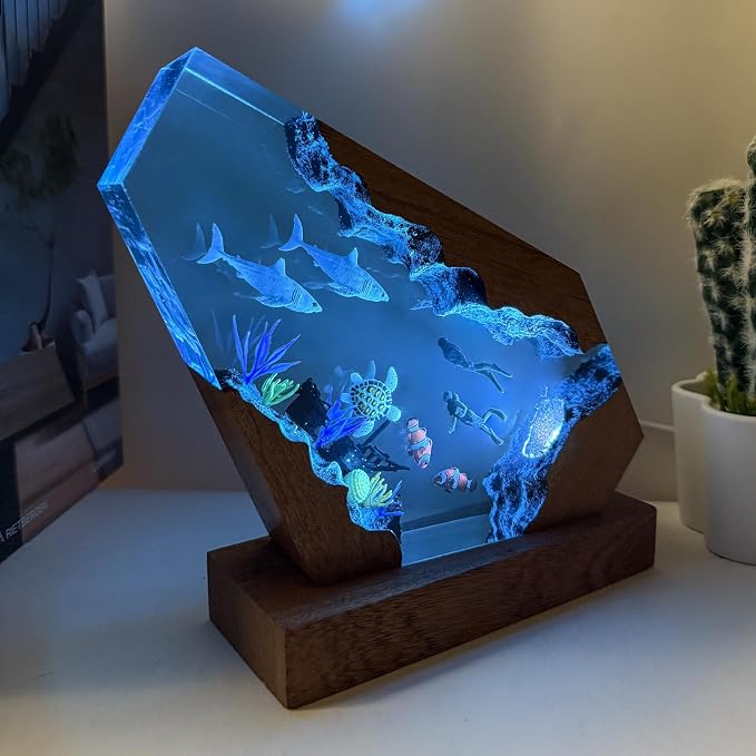 Handcrafted Shark Resin Ocean Lamp with Wooden Base