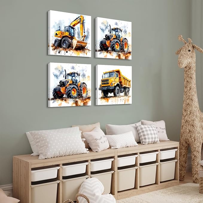 Cartoon Vehicles Canvas Wall Art Construction Room Decor for Boys Heavy Equipment Excavator Truck Tractor Pictures Kids Playroom Transport Car Poster Modern Artwork Nursery Bedroom Decoration 12x12”4P