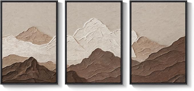 Framed Brown Abstract Mountain Wall Art for Living Room, 3 Piece, 24x36 In | Neutral, Landscape, Minimalist, Scenic, Modern, Mountain print, Earth tone, Bedroom decor, Home office, Hallway, Wood frame