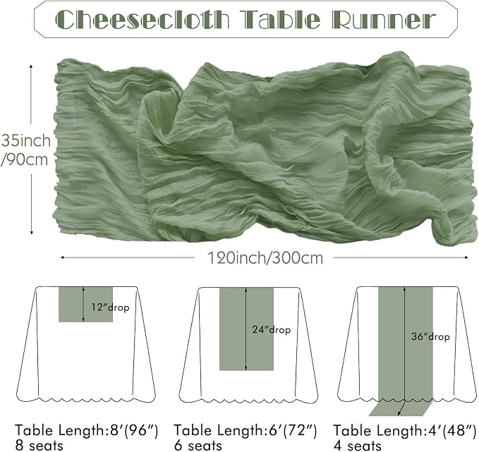 IVAPUPU Sage Green Table Runner 120 Inches for Birthday Party Home Decor | 4 Pcs Boho Gauze 10FT Cheesecloth Table Runners for Wedding Baby Shower Decorations Summer Garden Farmhouse