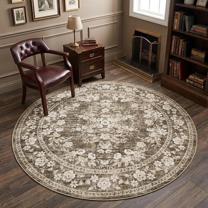 GarveeHome 6ft Floral Round Rug for Bedroom Leaf Flower Brown Botanical | hrow Rugs for Living Room Vintage Floral Carpet Low Pile Non-Slip Machine Washable Area Rug for Nursery Laundry Dining Room