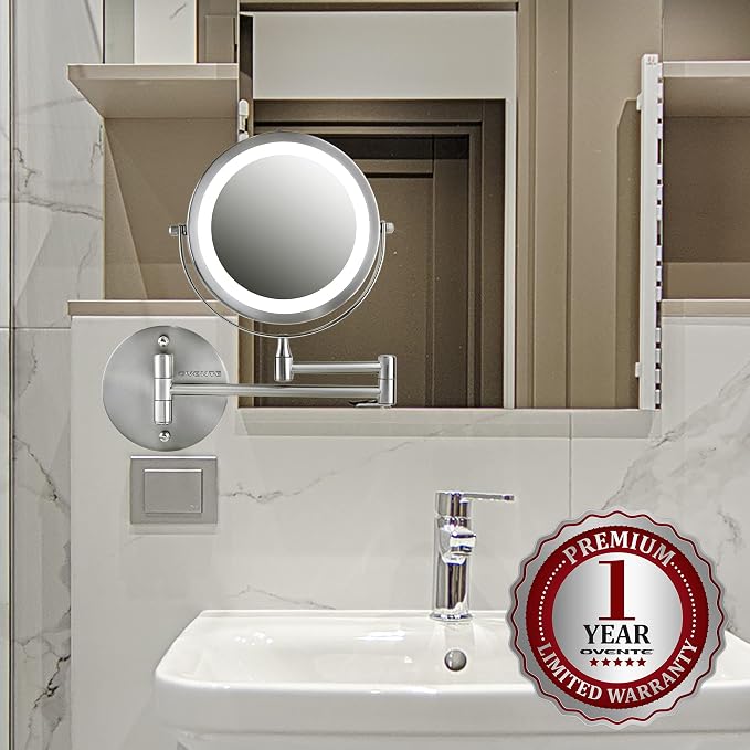 OVENTE 7" Wall Mounted Lighted Makeup Mirror, Nickel Brushed MFW70BR1X7X | Cordless Double Sided 1X/7X Magnifying Mirror for Bathroom with LED Lights, 360° Rotation, Extendable Arm, Battery Operated