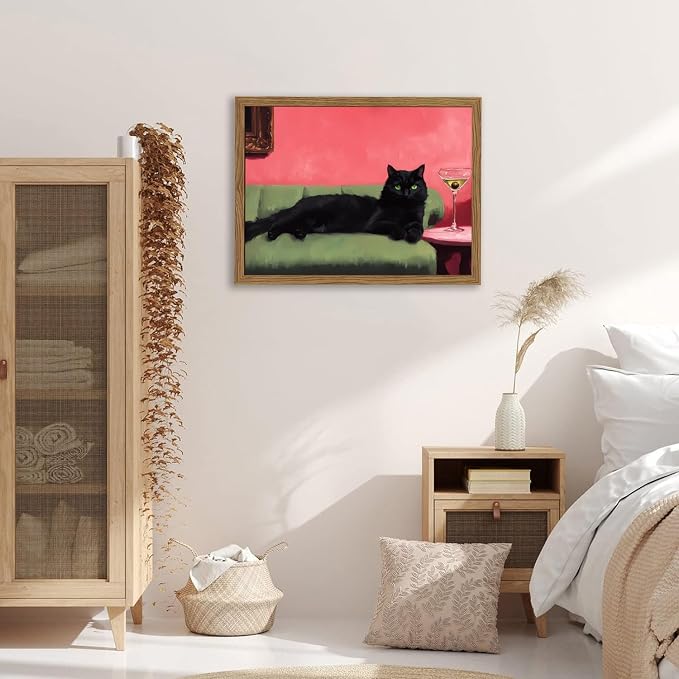 Cute Black Cat With Martini Wall Art Funny Animal Wall Decor Quirky Whimsical Cocktail Bar Cart Canvas Painting Poster Prints Pet Lover Picture Aesthetics for Bedroom Living Room Framed 16x24 inch