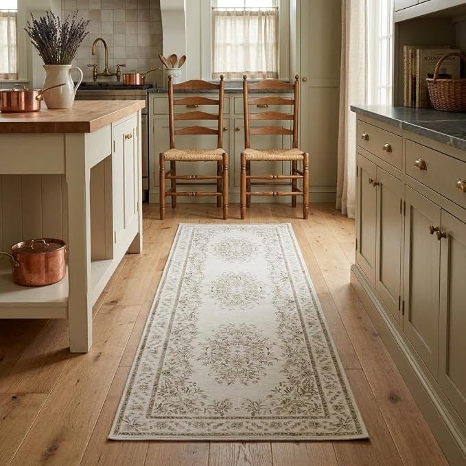 GarveeHome Runner Rug 2x10 for Bathroom Vintage Distressed Botanical Rug | Machine Washable Leaf and Flower Throw Floor Cover for Entryway Non-Slip Low Pile Beige Carpets Floral Rug for Kitchen