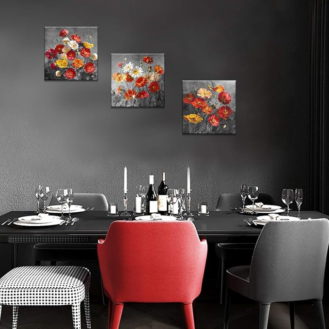 Daisiy Flower Wall Art Home Decor Red Poppy Floral Canvas Prints Paintings Artwork 24 x 24 Inch x 3 Pcs Black and White Modern Still Life Picture Decoration for Bathroon Bedroom Stretched and Framed