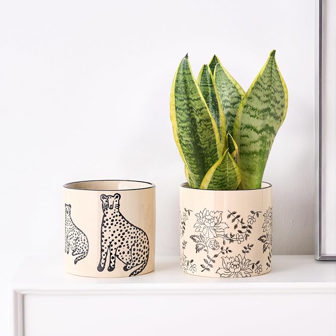 STHIE Indoor Ceramic Plant Pots with Drainage Holes, 5 Inch, Peony Design