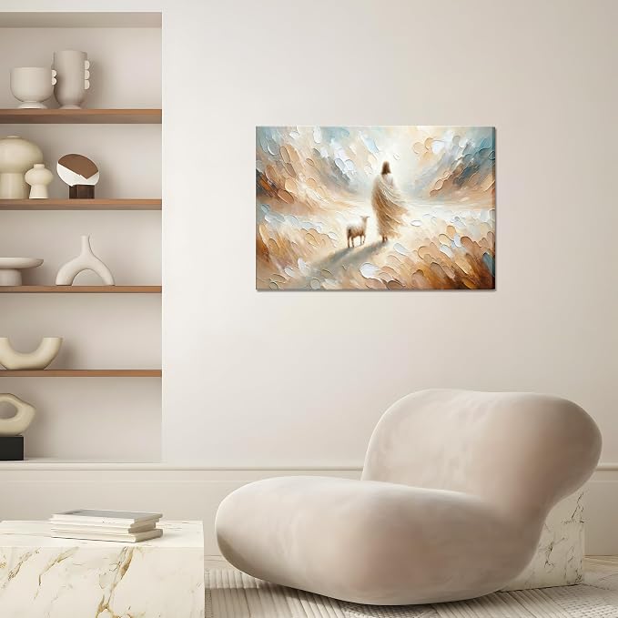 Jesus Leaves the 99 Sheep Canvas Wall Art, Christian Jesus Lamb Wall Decor Painting, The Lost Sheep Bible of Parable Posters Prints for Living & Prayer Room Church Home Decor 24x36 In Framed