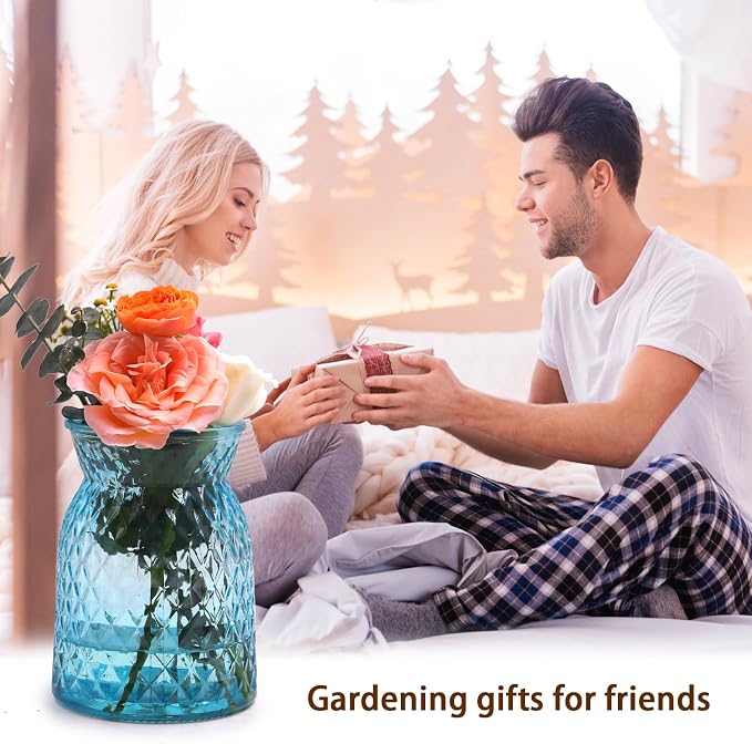 OFFIDIX Glass Vase, 6.2*3.5in Blue Large Mouth Geometric Decor Flower Vase | Decorative Modern Glass Vase, Geometric Faceted Design, Wide Mouth Vase for Centerpieces Weddings Office Housewarming Gift