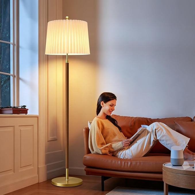 AHDWDW Gold Floor Lamp for Living Room,Mid-Century Modern Floor Lamps with Remote,Farmhouse Boho Floor Light with Dual Fabric Shade,Dimmable Standing Tall Lamp for Bedroom Corner Reading Office