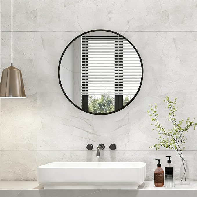 DUMOS 20 Inch Round Wall Mirror, Bathroom Mirror, Black | Metal Frame, Tempered Glass & Anti Rust Metal Frame, Decor for Bathroom Vanity Bedroom Entryway