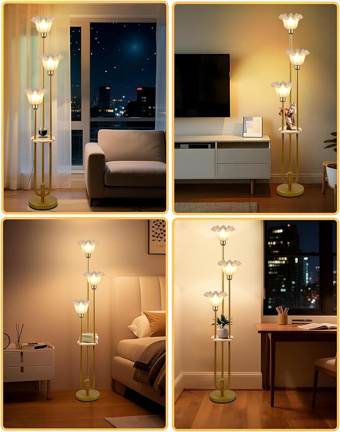 3-Flower Floor Lamp with Table Dimmable Gold Floral Floor Lamps