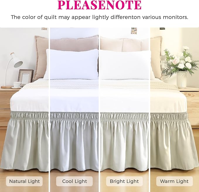 Light Grey Bed Skirt Queen Size 18" Drop, Elastic Wrap Around Bedskirt | Solid Ruffled, Easy to Use, No Mattress Lifting, Wrinkle & Fade Resistant, with Adhesive Strips, Machine Wash/Dry/Iron