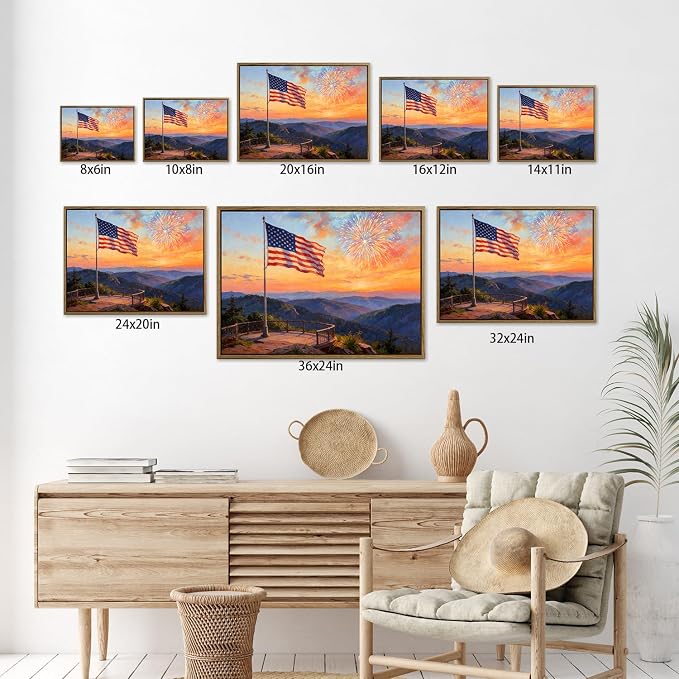 American Flag Framed Canvas Wall Art, 4th of July Patriotic Canvas Prints | USA Flag with Ocean Sunset Landscape Poster Print, Independence Day Wall Decor for Bedroom Living Room 24×32in