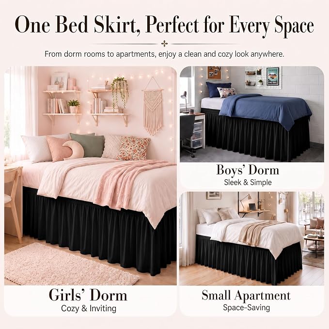 Black Twin XL College Dorm Bed Skirt 32" Drop, Elastic Wrap Dust Ruffle | Raised Bed Fit, Hides Underbed Storage, No Mattress Lifting, Soft Microfiber, Durable Fabric, Machine Washable, Clean Look