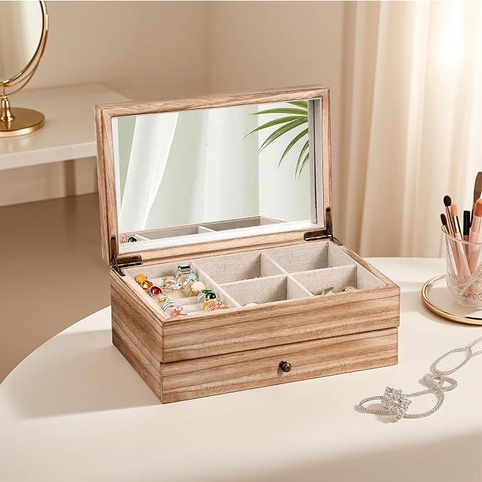 Meangood Jewelry Box Organizer for Women, 2 Layer Large Jewelry Storage Case, Rustic Wooden Jewelry Box with Mirror & Ring Tray for Necklace Earring Bracelets Rings, Vintage Style (Torched Wood)