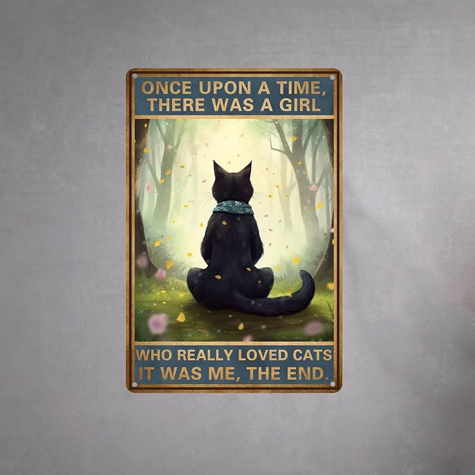 HYBLOM Black Cat Decor - Once Upon a Time Sign - Vintage Cat Decor for Home, Bedroom, Kitchen, Office, Cafe, Bar, Cat Lover Gifts, Metal Tin Sign 12x8 Inches