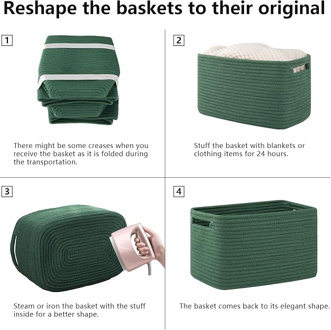 OIAHOMY 4 Pack Storage Baskets for Organizing 15L Cube Storage Bins Green | Woven Baskets for Storage Rectangle Small Baskets With Handles Baskets for Shelves Wicker Baskets for Shelves 12.7x9x7.8inch