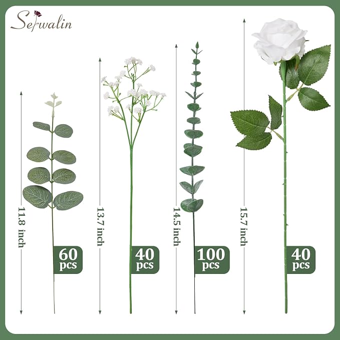 Serwalin 240 Pcs Mixed Eucalyptus Greenery Stems, White Roses, Babys Breath | Greenery for Centerpieces, Faux Eucalyptus Stems for DIY Wedding Bouquets, Floral Arrangement, Vase and Home Decor