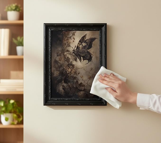 Black Framed Gothic Moth Canvas Wall Art, Vintage Dark Floral Painting Picture Wall Decor, Witchy Moody Insect Poster Prints Artwork for Bedroom Living Room Kitchen Home Decoration, 12x16in