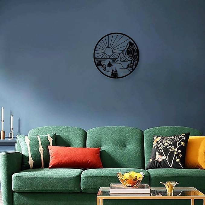 DUOOLN Mountain Scene Metal Wall Decor,Forests Landscape Hanging Painting. | Rustic Nature|Abstract Line Pictures |Adventure Sculptural|Gothic Silhouettes Art|Home Garden Bedroom Living Room|black 11in