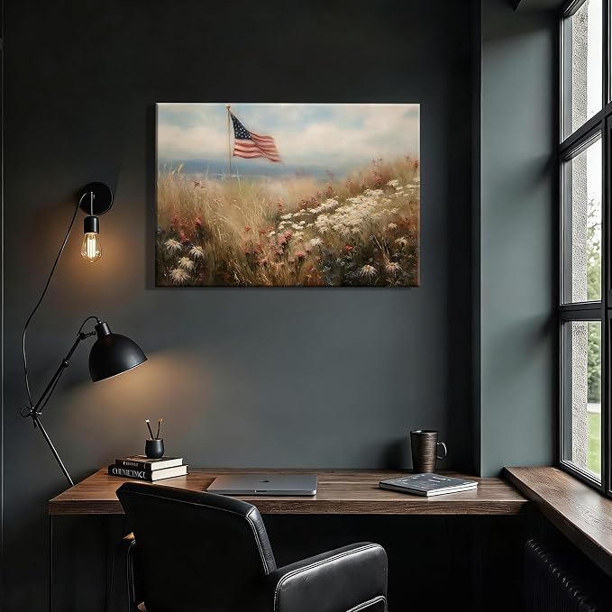 RIBNTAK Vintage American Flag Canvas Wall Art, Rustic Field Landscape Artwork Print for 4th of July Decorations, Patriotic Decor Collection Perfect for Independence Day Bedroom Home Decor