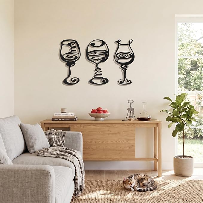 Otoolling 3 Pcs Wine Wall Art Black Metal Wine Sign 3 Style Modern Metal Bar Decor for Wall Drinker Gift for Dining Room and Entertaining Spaces (Abstract)