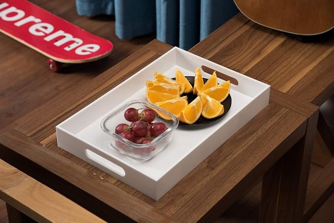 KEVLANG Glossy White Sturdy Acrylic Serving Tray with Handles-10x15Inch-Serving Coffee Appetizer Breakfast Butler-Kitchen Countertop-Makeup Drawer Organizer-Vanity Table Tray-Ottoman Tray