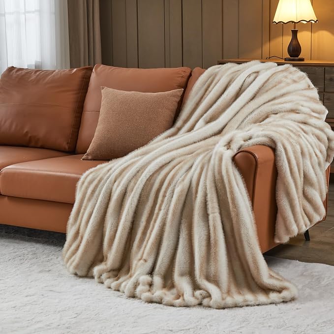 NEWCOSPLAY Faux Fur Thick Throw Blanket for Couch, Stripe Brown, 50"x60" | Luxury Fluffy Thick Warm Blanket for Couch Sofa Bed 1000GSM, Soft Plush Cozy Decorative Throw, Gift for Women Men