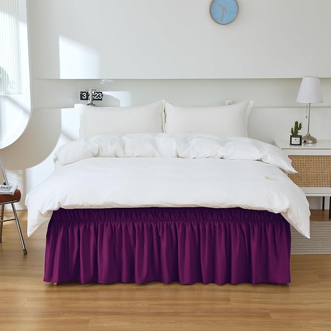 MEILA Wrap Around Elastic Bed Skirt for Queen & King Beds, 24" Drop,Purple | Three-Side Adjustable Elastic Dust Ruffle, Ruffled Polyester Fabric, Easy to Install, Fade Resistant & Machine Washable