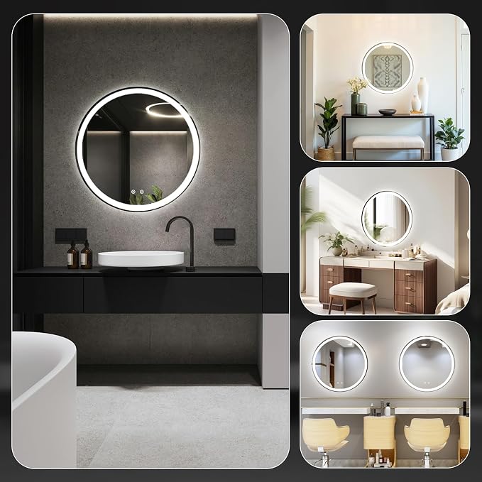 NEWBULIG 36'' Round LED Bathroom Mirror with Lights, Circle Vanity Mirror | Anti-Fog, Dimmable, 3-Color Light, Front Light and Backlit, Memory Function, Tempered Glass