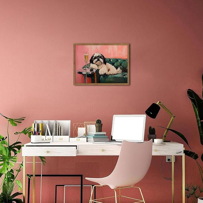 Funny Dog Wall Art, Cute Animal On Couch Bar Cart Pictures Wall Decor Paintings, Eclectic Dog with Cocktail Canvas Prints, for Living Room Dining Room Bedroom 12x16 inch Wood Framed