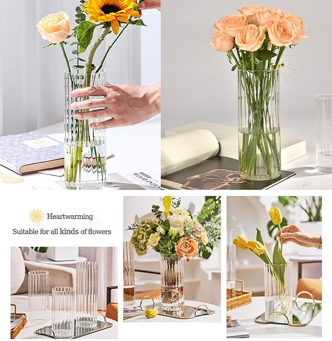 10 inch Clear Glass Flower Vases,Ribbed Vase for Centerpiece Table Home Indoor Desk Decor, Modern Boho Style Vase for Wedding House Gift