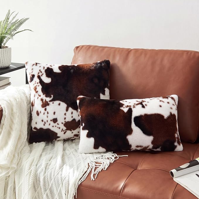 cygnus Cow Print Lumbar Pillow Covers 12x20 inch | Fluffy Fuzzy ,Decorative Square Faux Fur Throw Pillows, for Couch Sofa Living Room Bedroom Decor