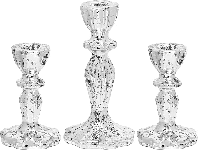 Glass Candlestick Holders Set of 3, Silver Mercury Candle Holder Taper Candle Holders for for Candlesticks, Table Centerpiece, Home Decor,Wedding, Birthday, Party, Christmas