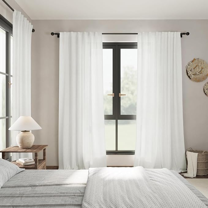 Off White Linen Blend Semi Sheer Curtains 86 Inches Long 2 Panel Set Pocket Back Tab Light Filtering Decorative Decor Curtain Drapes for Bedroom Living Room 52x86