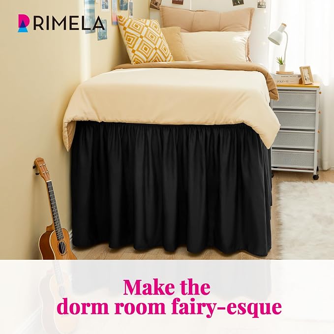 Dorm Room Bed Skirt Twin XL 42" Drop, College Split Corner Bedskirt, Black | Solid ruffled, Wrap-around/elastic, Wrinkle & Fade resistant, with Adhesive Strips, Gift Packed, Machine Wash/Tumble Dry/Iron
