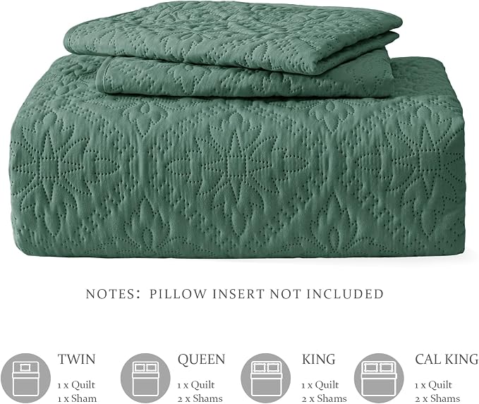 Exclusivo Mezcla California King Quilt Set, Green | Lightweight Soft Bedspreads Coverlets, All Season Bedding with 2 Pillow Shams, Modern Style for Bedroom Guest Room