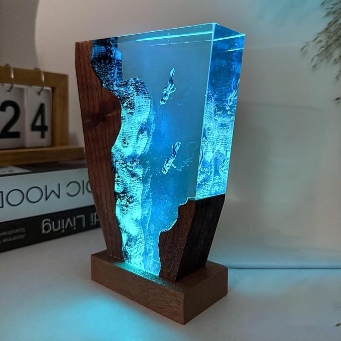 Scuba Diving Resin Ocean Lamp, Handmade RGB Resin Night Light with Wooden Base,Scuba Gifts for Women & Men, Ocean Lover Collectibles, Unique Birthday Gifts for Him & Her(M 8" x5”)